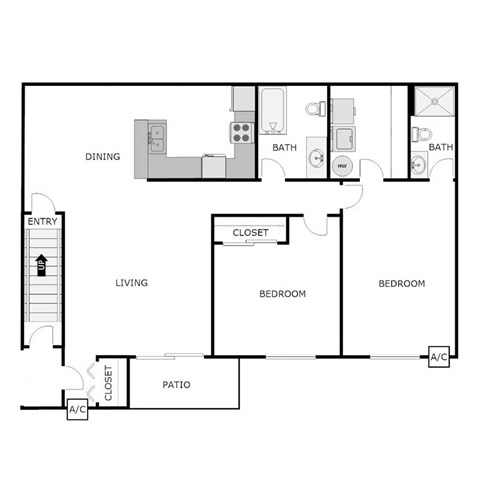 Floor plan for 2 beds, 1.5 baths, 1177 sqft