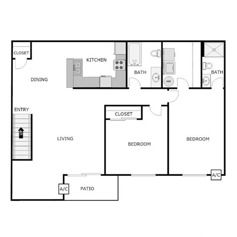 Floor plan for 2 beds, 2 baths, 1266 sqft