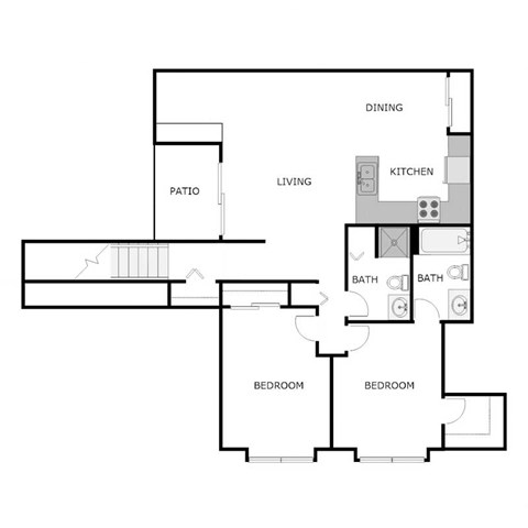 Floor plan for 2 beds, 2 baths, 1250 sqft