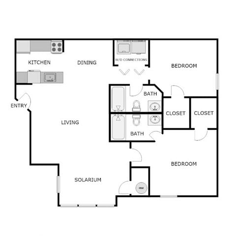 Floor plan for 2 beds, 2 baths, 988 sqft
