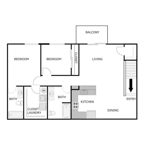 Floor plan for 2 beds, 2 baths, 1075 sqft