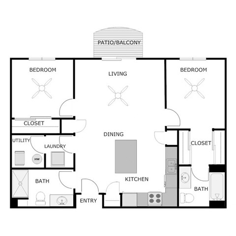 Floor plan for 2 beds, 2 baths, 1120 sqft
