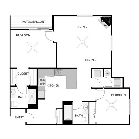 Floor plan for 2 beds, 2 baths, 1300 sqft