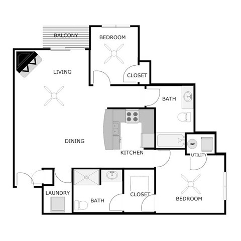Floor plan for 2 beds, 2 baths, 1170 sqft