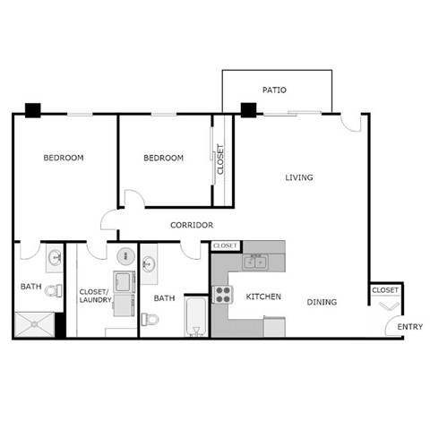 Floor plan for 2 beds, 2 baths, 1067 sqft