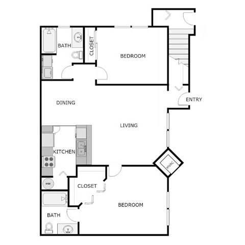 Floor plan for 2 beds, 2 baths, 1056 sqft