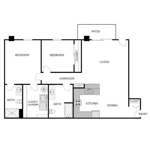 Floor plan for 2 beds, 2 baths, 1065 sqft