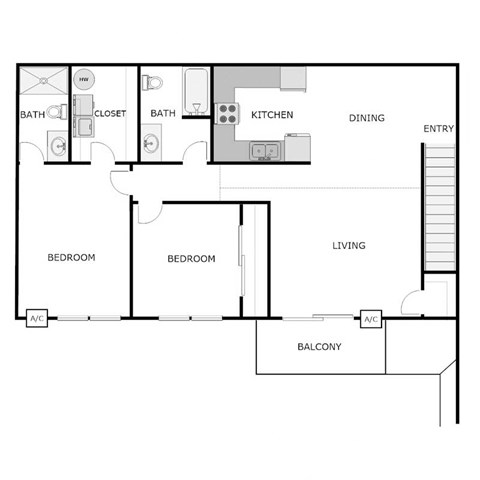 Floor plan for 2 beds, 2 baths, 1200 sqft