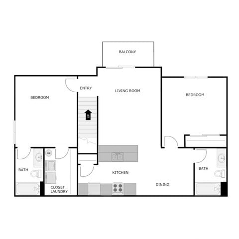 Floor plan for 2 beds, 2 baths, 1075 sqft