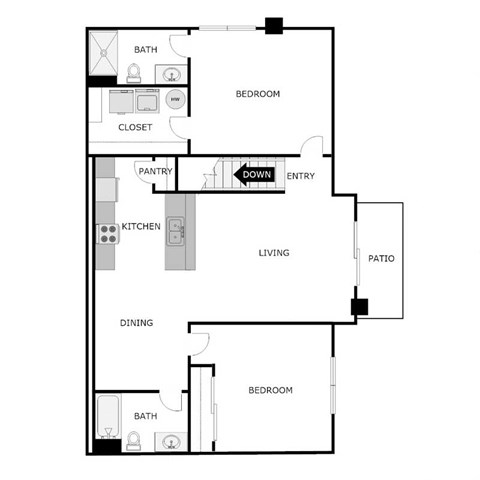Floor plan for 2 beds, 2 baths, 1145 sqft