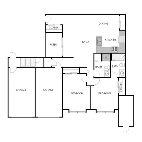 Floor plan for 2 beds, 2 baths, 1200 sqft