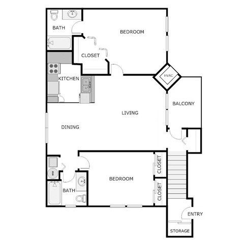 Floor plan for 2 beds, 2 baths, 1064 sqft