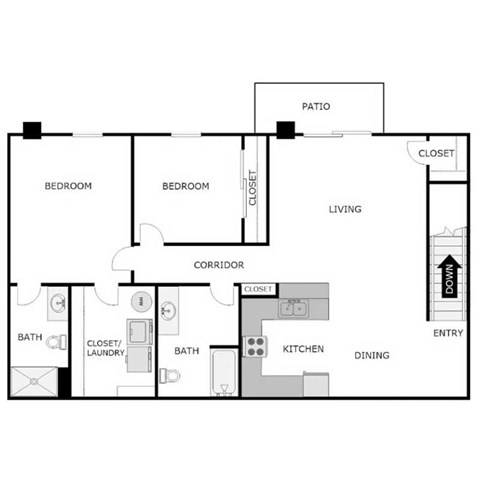 Floor plan for 2 beds, 2 baths, 1145 sqft