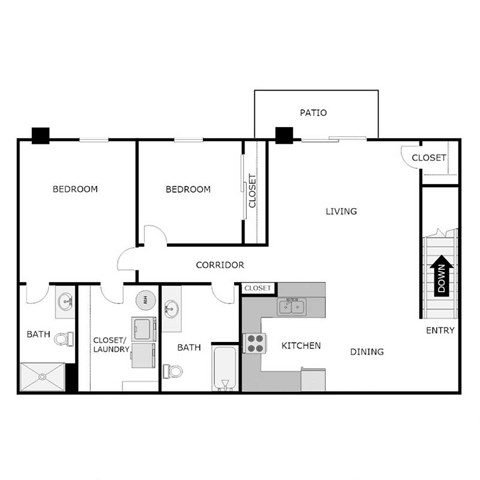 Floor plan for 2 beds, 2 baths, 1122 sqft