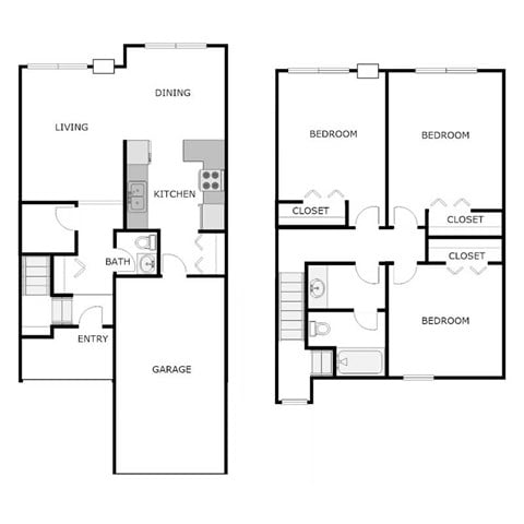 Floor plan for 3 beds, 1.5 baths, 1250 sqft