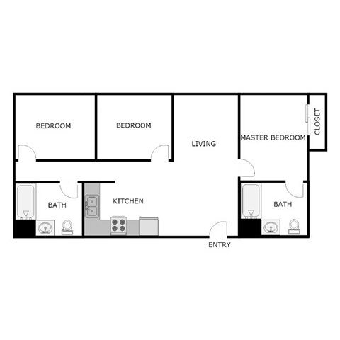 Floor plan for 3 beds, 2 baths, 960 sqft