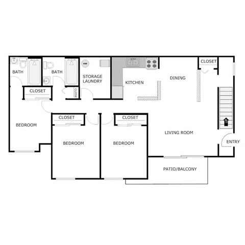 Floor plan for 3 beds, 2 baths, 1080 sqft