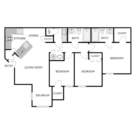Floor plan for 2 beds, 2 baths, 1230 sqft