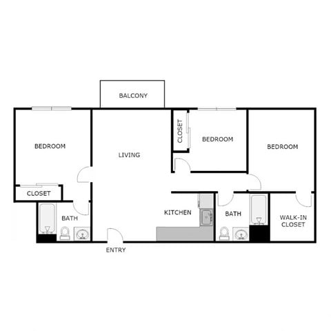 Floor plan for 3 beds, 2 baths, 1023 sqft