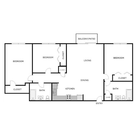 Floor plan for 3 beds, 2 baths, 1100 sqft
