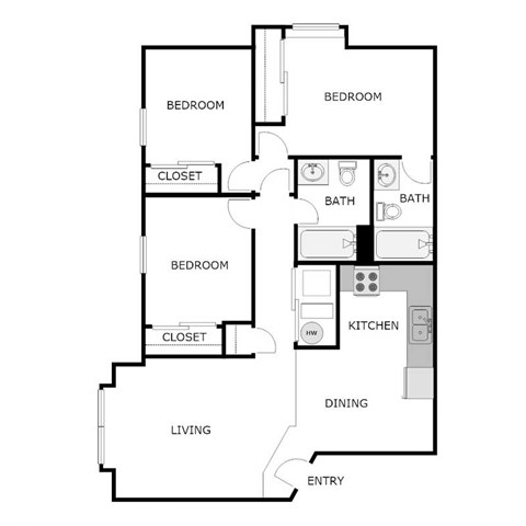 Floor plan for 3 beds, 2 baths, 926 sqft