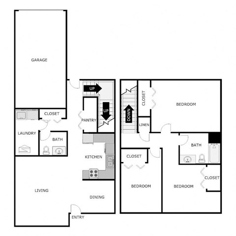 Floor plan for 3 beds, 1.5 baths, 1408 sqft