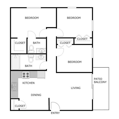 Floor plan for 3 beds, 1.5 baths, 1050 sqft
