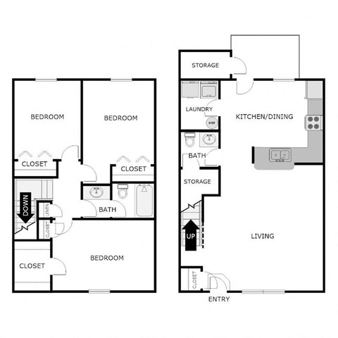 Floor plan for 3 beds, 1.5 baths, 1238 sqft