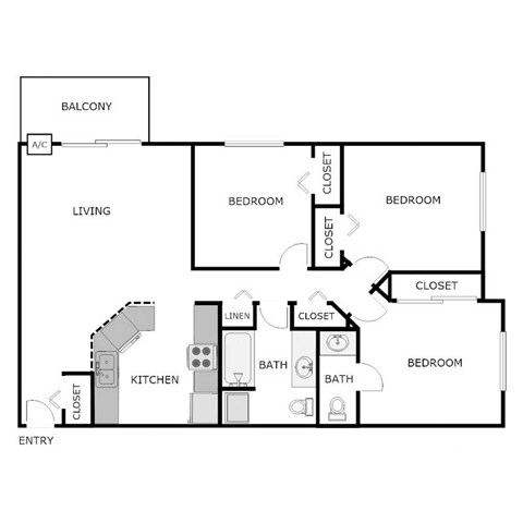 Floor plan for 3 beds, 1.5 baths, 949 sqft