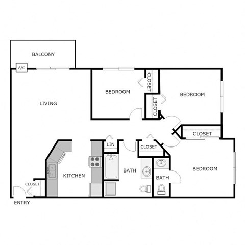 Floor plan for 3 beds, 1.5 baths, 950 sqft
