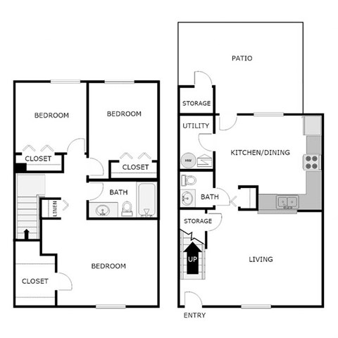 Floor plan for 3 beds, 1.5 baths, 1120 sqft