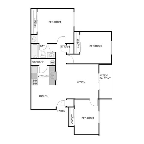 Floor plan for 3 beds, 1 bath, 1001 sqft