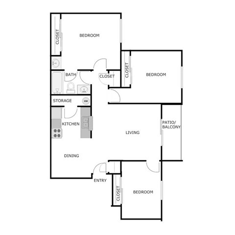 Floor plan for 3 beds, 2 baths, 825 sqft