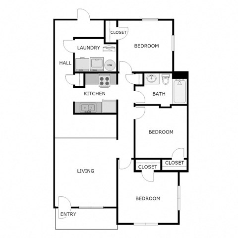 Floor plan for 3 beds, 1 bath, 1010 sqft