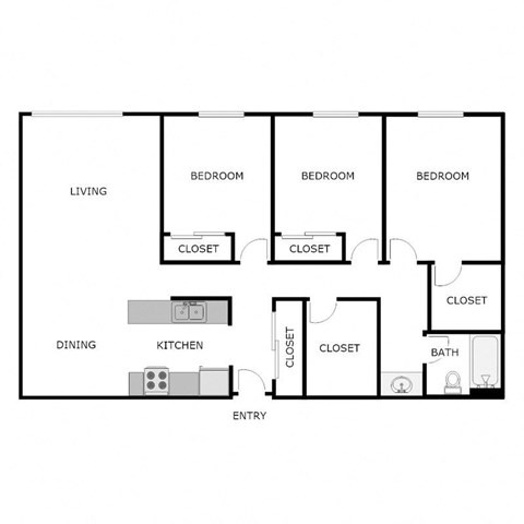 Floor plan for 3 beds, 2 baths, 1042 sqft