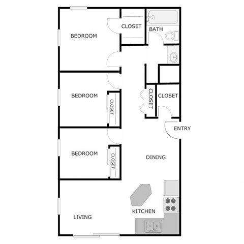 Floor plan for 3 beds, 1 bath, 1092 sqft