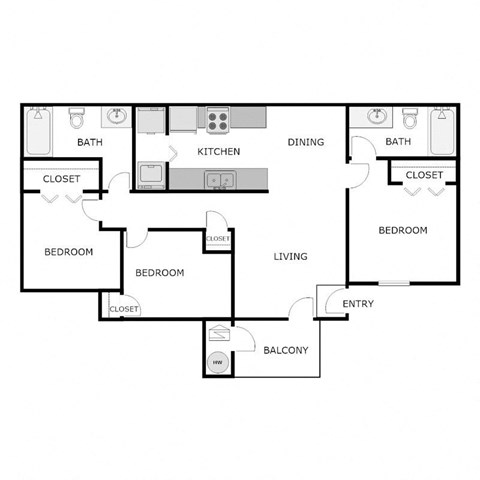 Floor plan for 3 beds, 2 baths, 1032 sqft