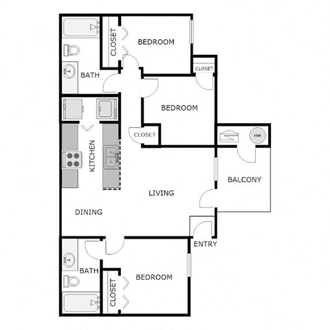 Floor plan for 3 beds, 2 baths, 1032 sqft