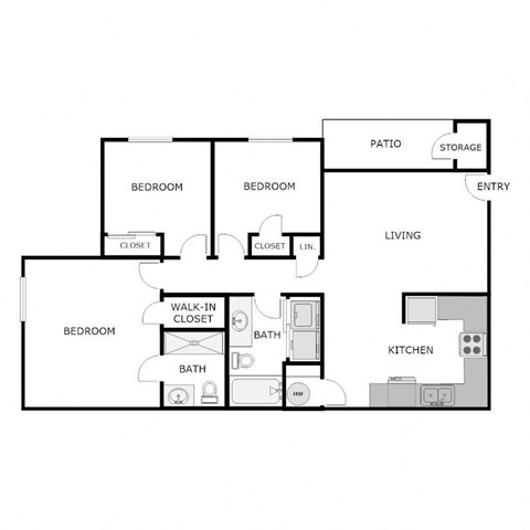 Floor plan for 3 beds, 2 baths, 1038 sqft