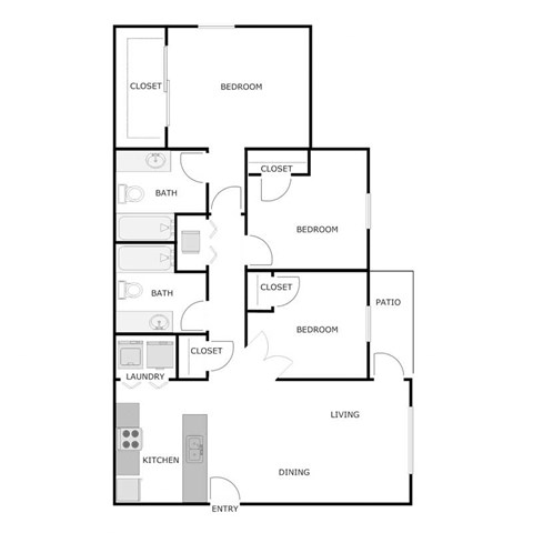 Floor plan for 3 beds, 2 baths, 1069 sqft