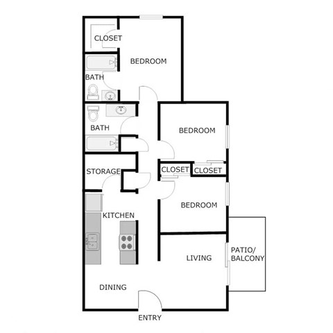 Floor plan for 3 beds, 2 baths, 1090 sqft