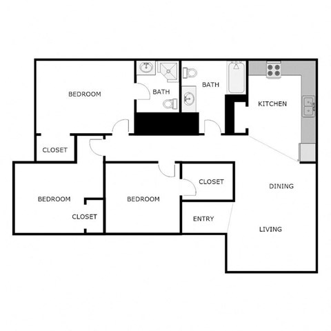 Floor plan for 3 beds, 2 baths, 1121 sqft