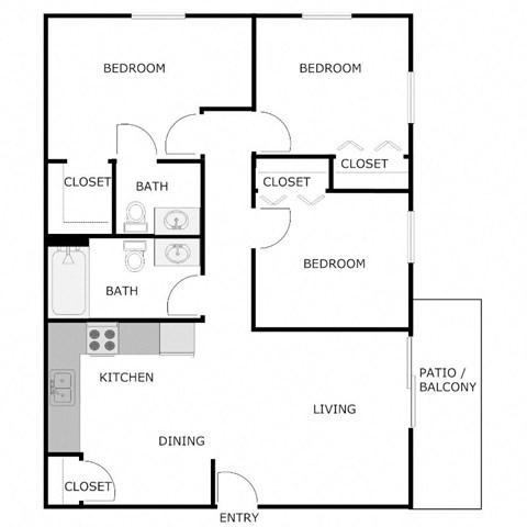 Floor plan for 3 beds, 1.5 baths, 1100 sqft