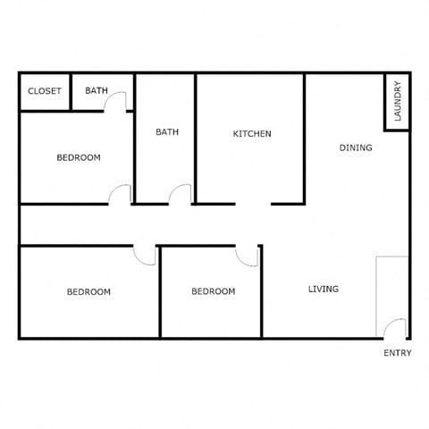 Floor plan for 3 beds, 2 baths, 1100 sqft
