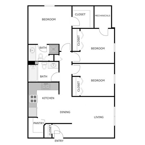 Floor plan for 3 beds, 2 baths, 1103 sqft