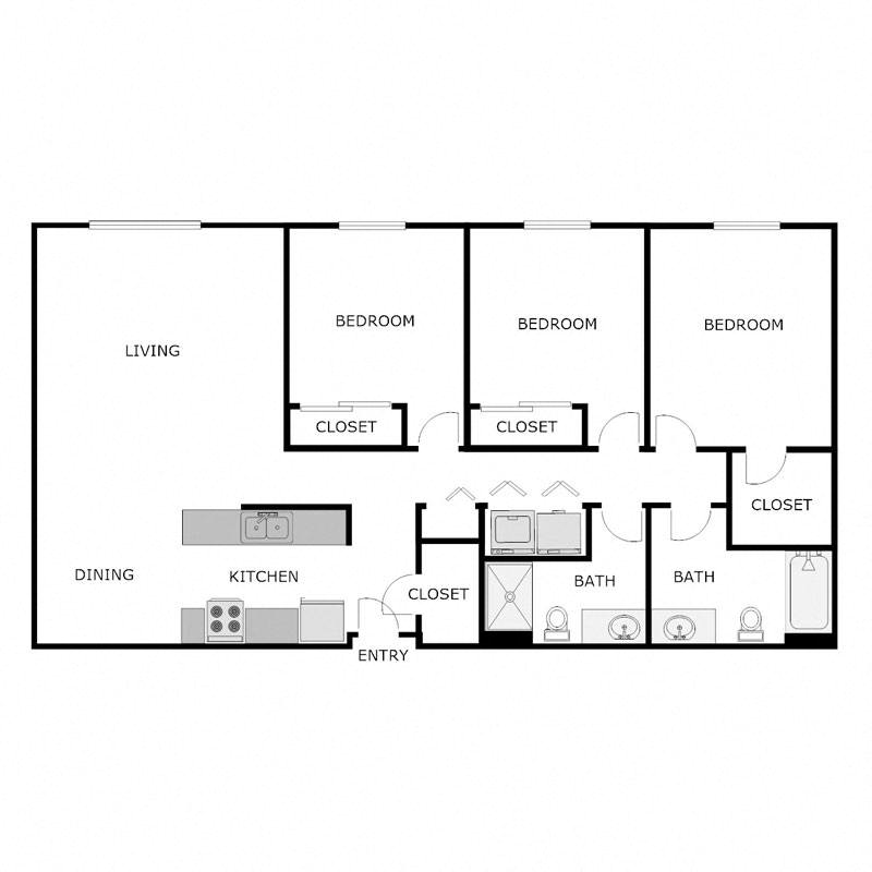 Floor plan for 3 beds, 2 baths, 1120 sqft