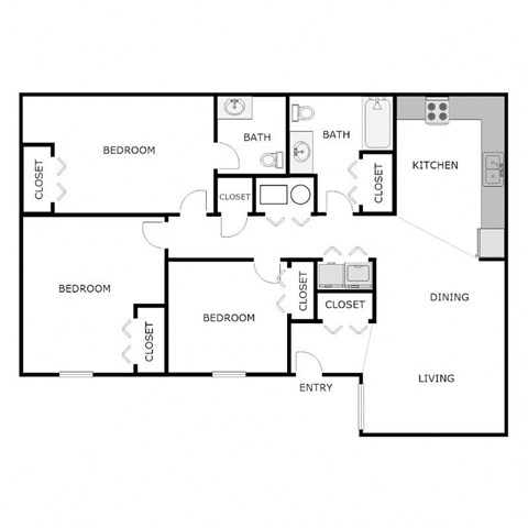 Floor plan for 3 beds, 2 baths, 1121 sqft