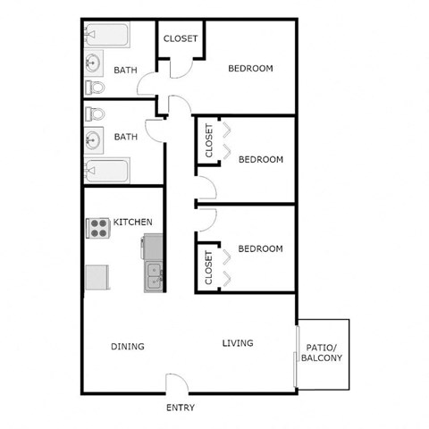Floor plan for 3 beds, 2 baths, 1148 sqft