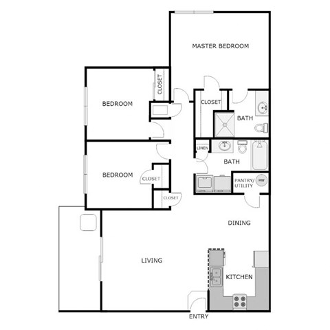 Floor plan for 3 beds, 2 baths, 1038 sqft