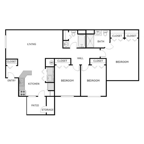Floor plan for 3 beds, 2 baths, 1230 sqft